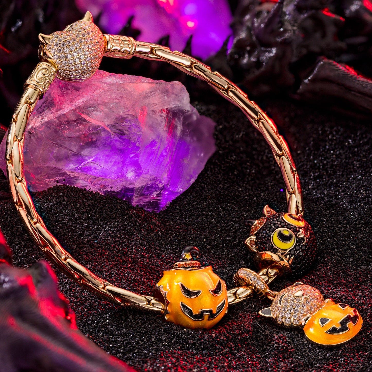 Sterling Silver Pumpkin Elf Charms Bracelet Set With Enamel In 14K Gold Plated