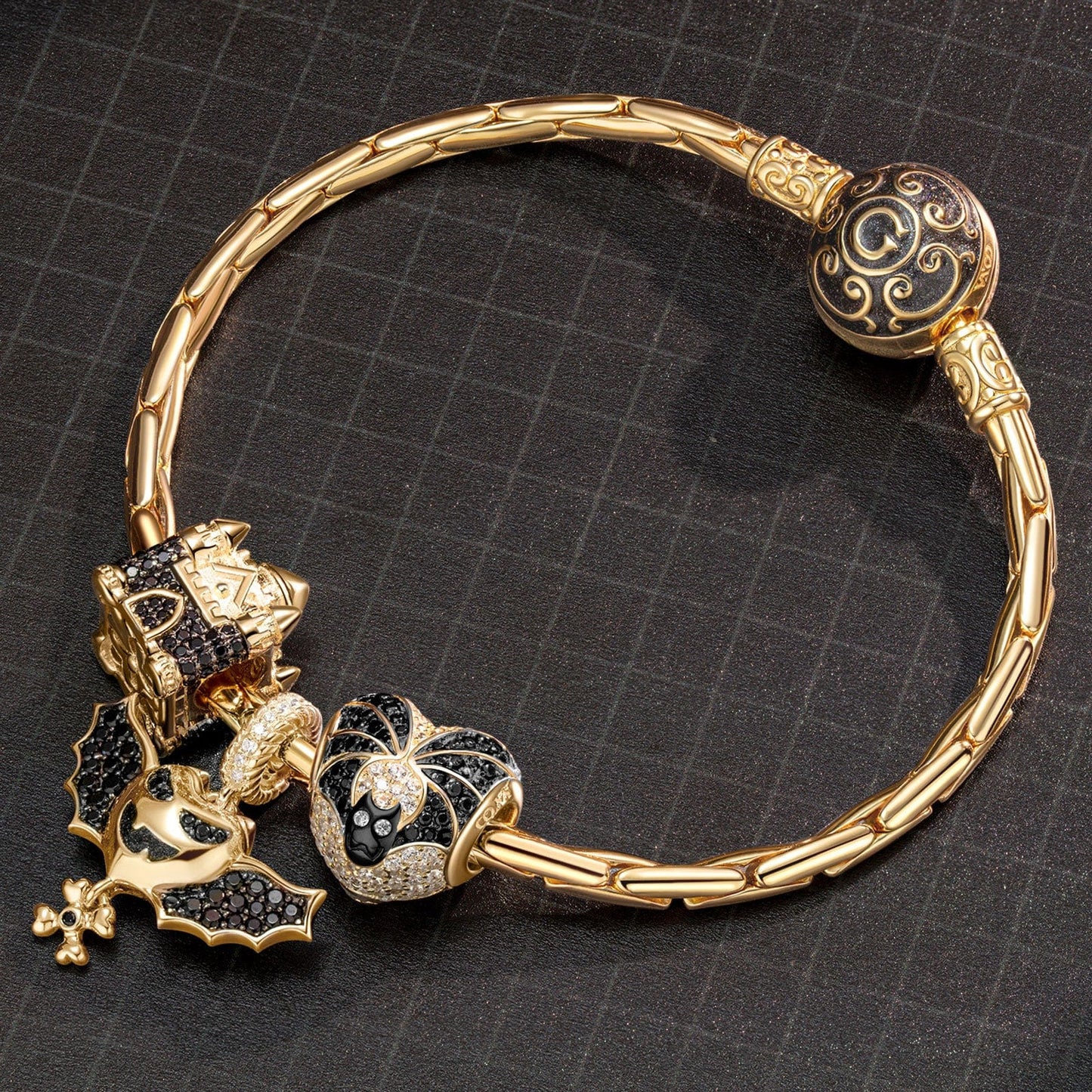 Sterling Silver Vampire Castle Charms Bracelet Set With Enamel In 14K Gold Plated