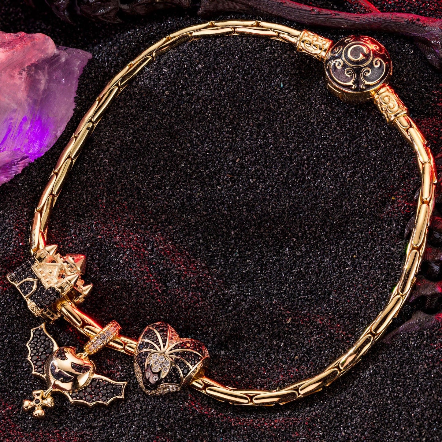 Sterling Silver Vampire Castle Charms Bracelet Set With Enamel In 14K Gold Plated