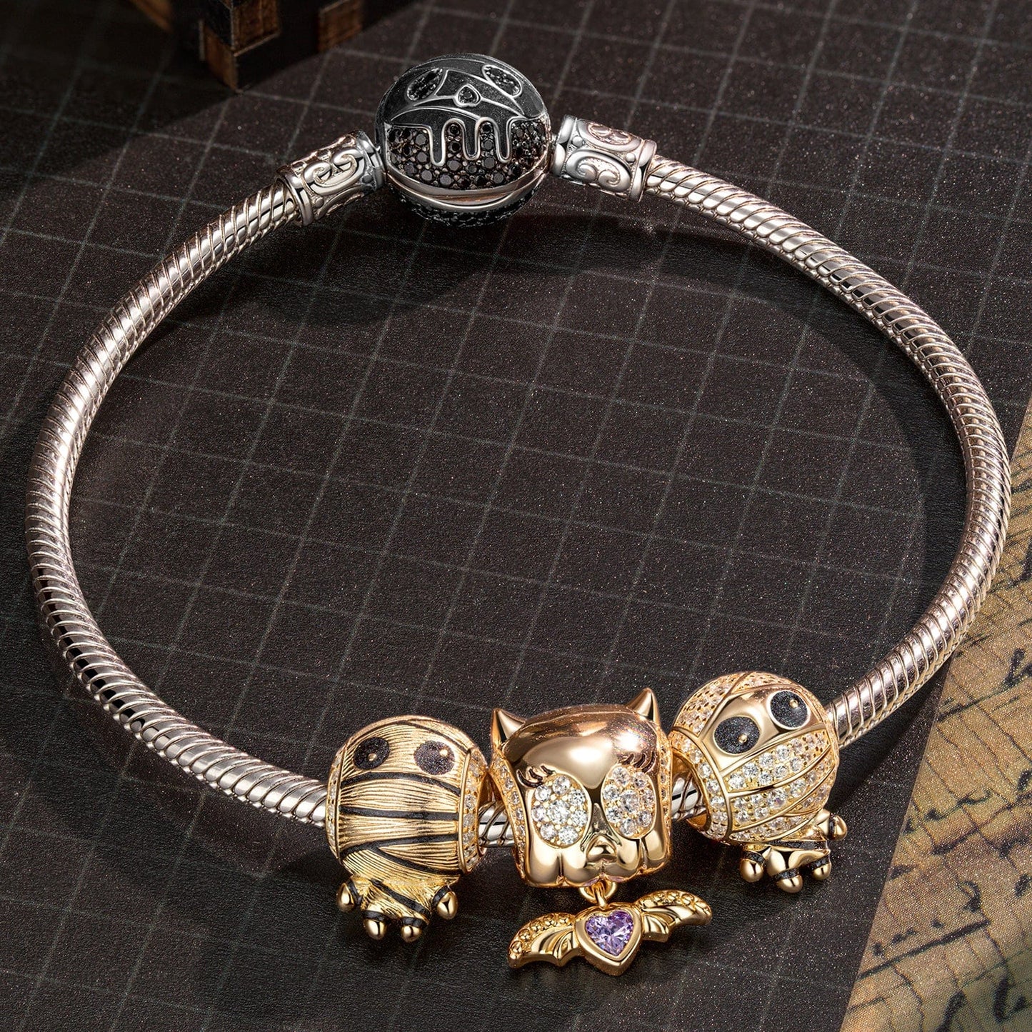 Sterling Silver Mummy Messengers Charms Bracelet Set With Enamel In White Gold Plated