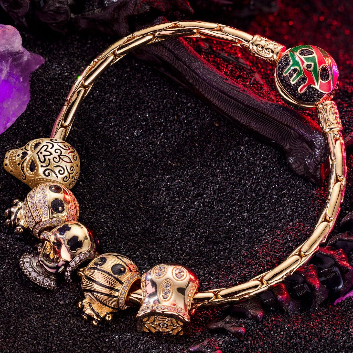 Sterling Silver The Spooky Family Charms Bracelet Set With Enamel In 14K Gold Plated