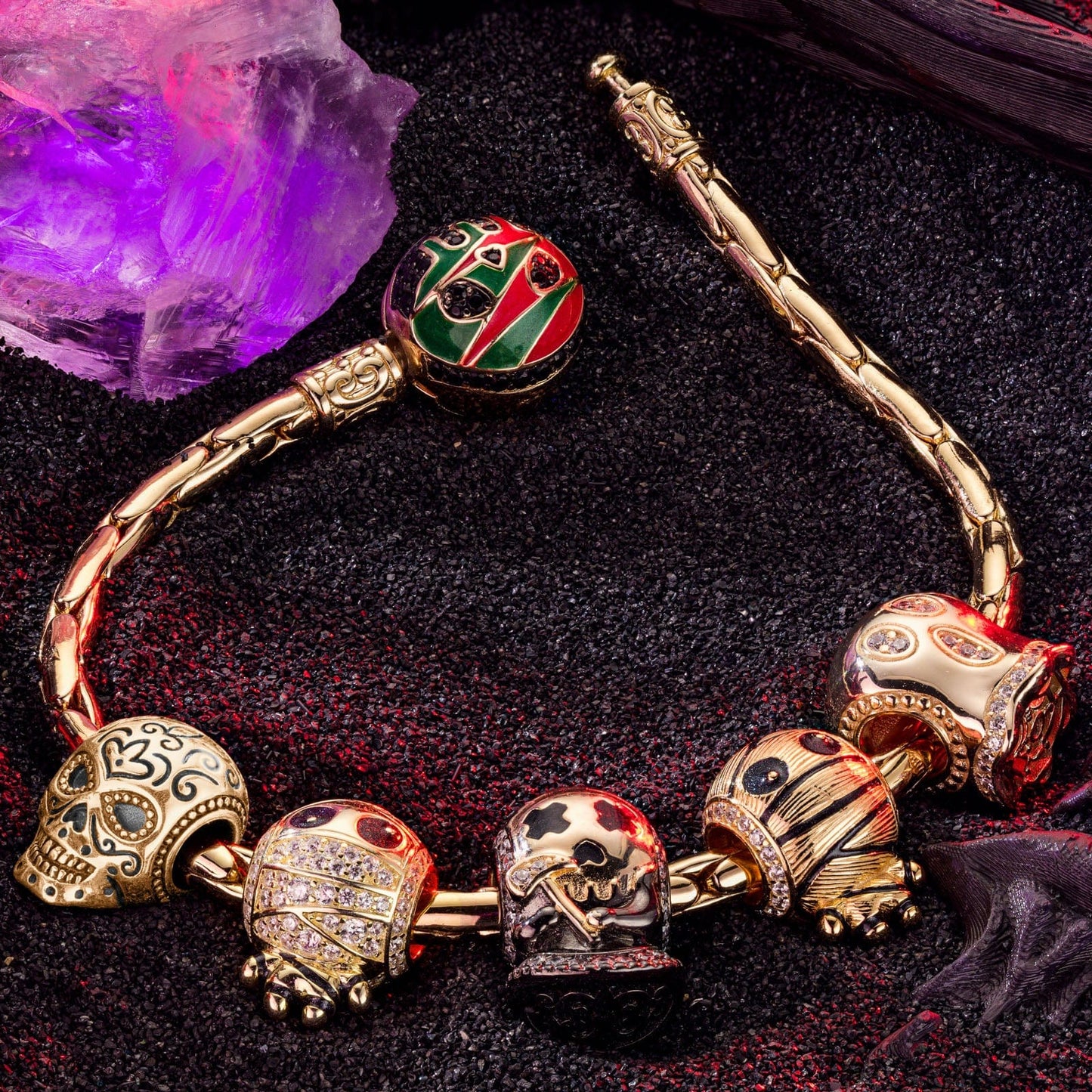 Sterling Silver The Spooky Family Charms Bracelet Set With Enamel In 14K Gold Plated
