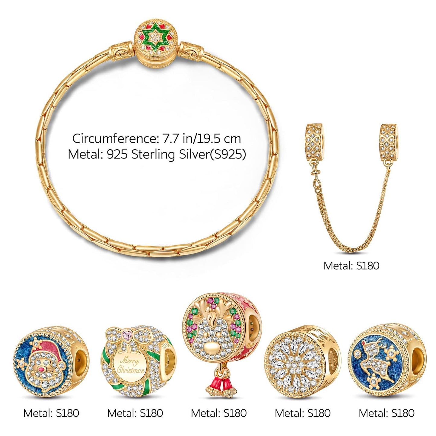 Sterling Silver Colorful Christmas Charms Bracelet Set With Enamel In 14K Gold Plated
