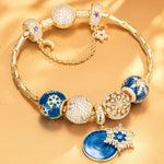 Sterling Silver Blue Ice Crystal Love Charms Bracelet Set With Enamel In 14K Gold Plated