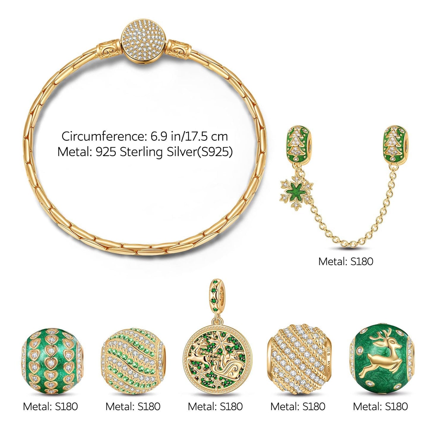 Sterling Silver Green Christmas Night Charms Bracelet Set With Enamel In 14K Gold Plated