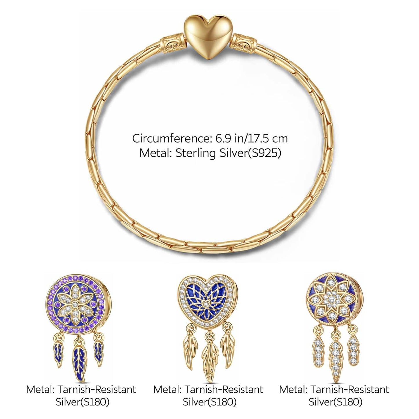 Sterling Silver Purple Dreamcatcher Charms Bracelet Set With Enamel In 14K Gold Plated