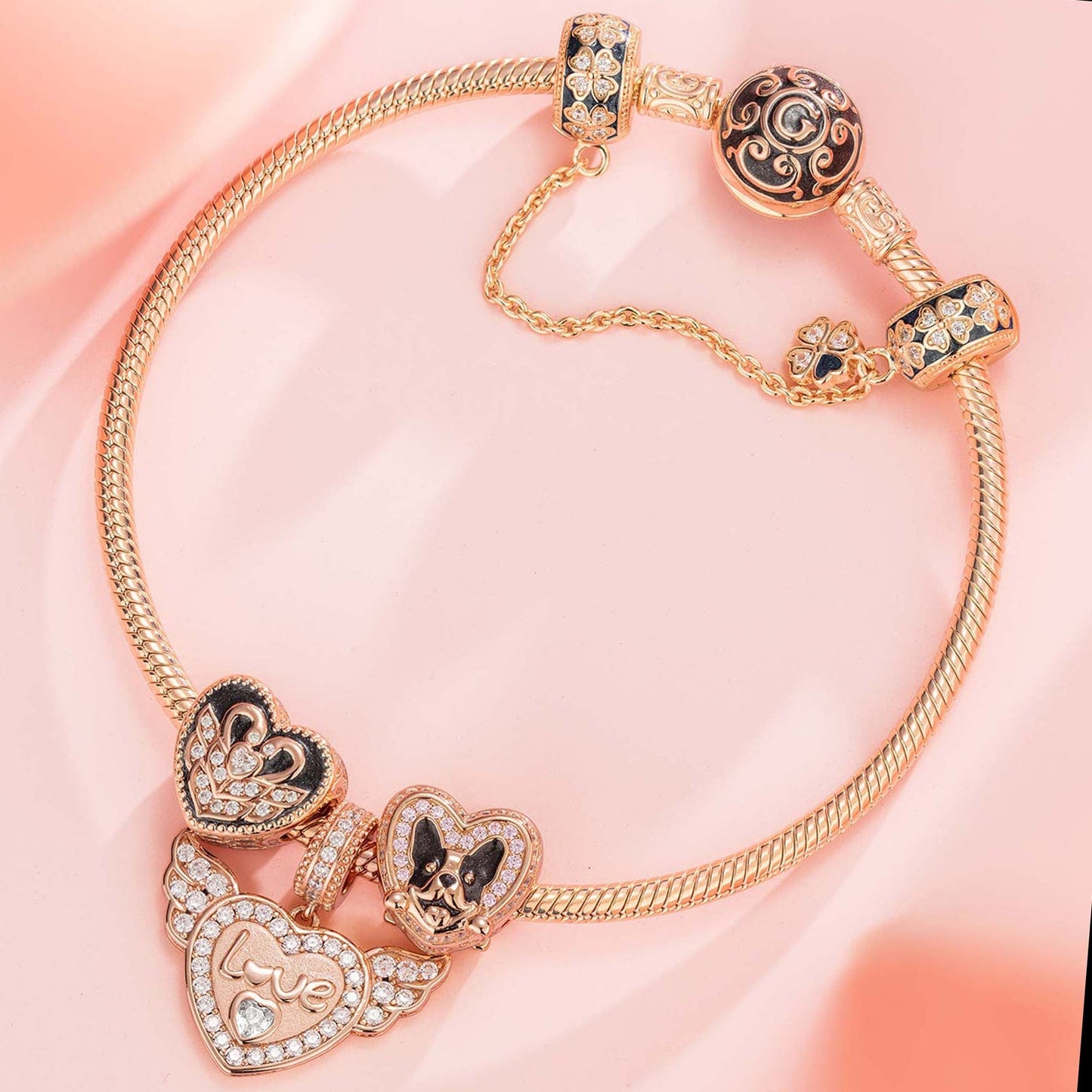 Romantic Love Guardian Tarnish-resistant Silver Charms Bracelet Set With Enamel In Rose Gold Plated