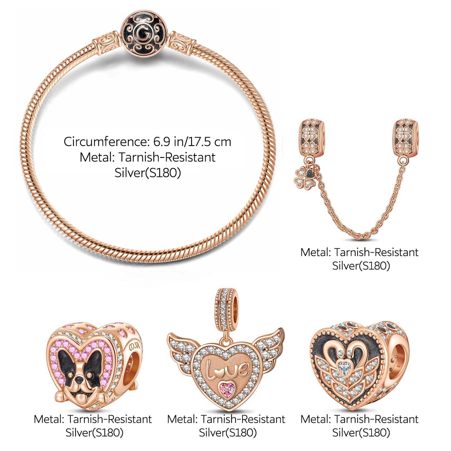 Romantic Love Guardian Tarnish-resistant Silver Charms Bracelet Set With Enamel In Rose Gold Plated