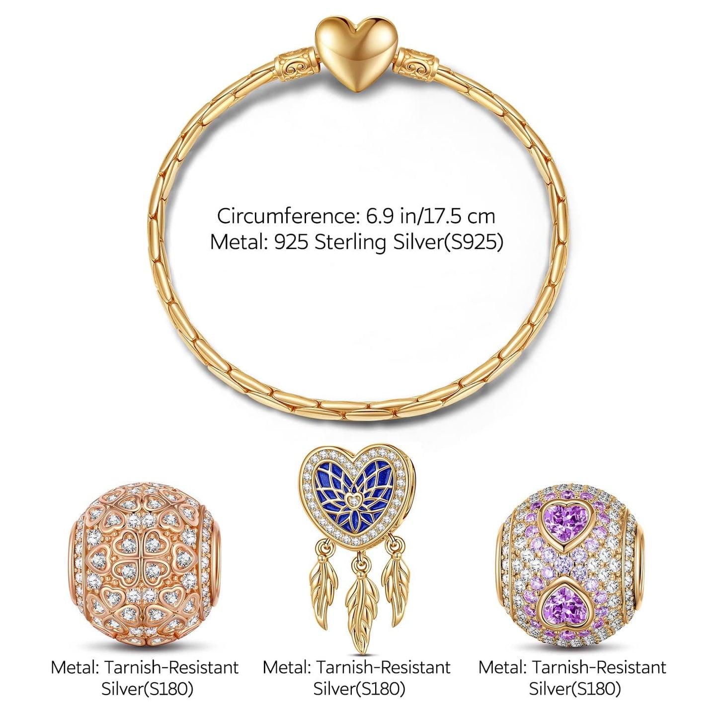 Sterling Silver Romantic Love Charms Bracelet Set With Enamel In 14K Gold Plated