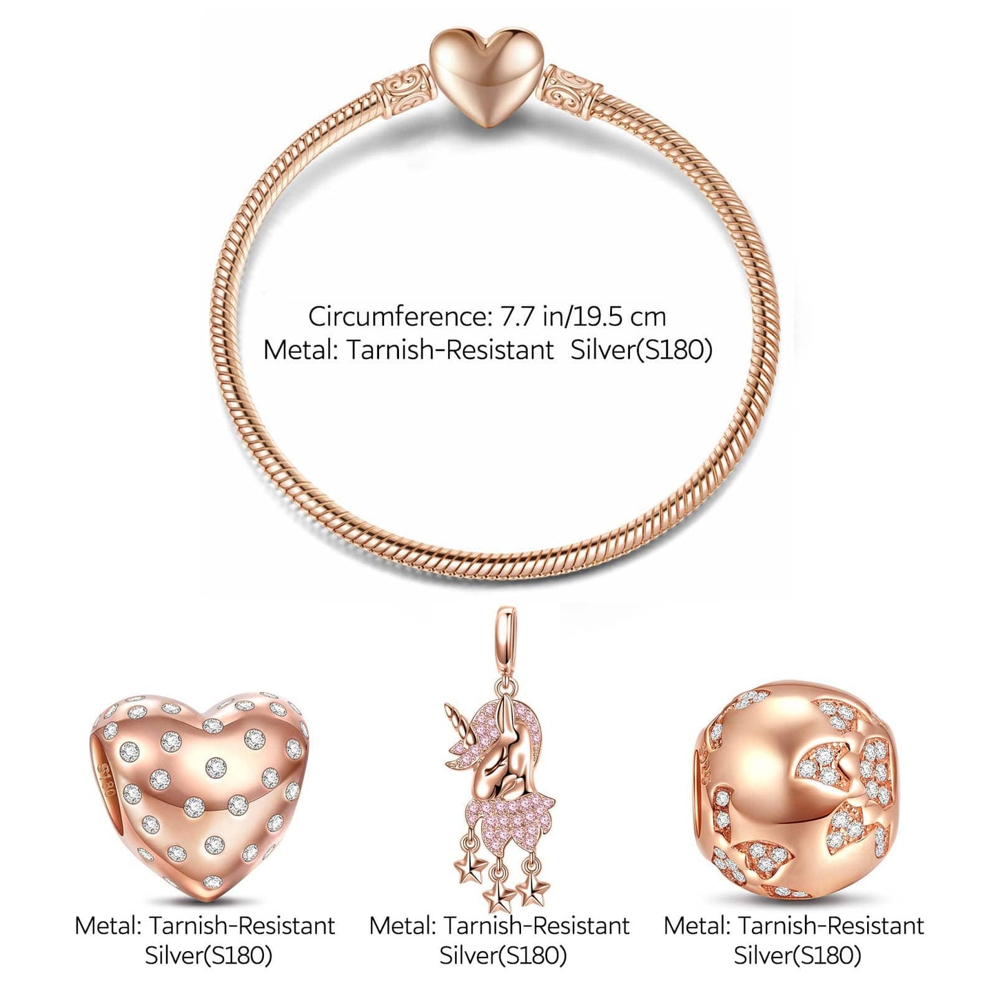 Romantic Love Tarnish-resistant Silver Charms Bracelet Set In Rose Gold Plated