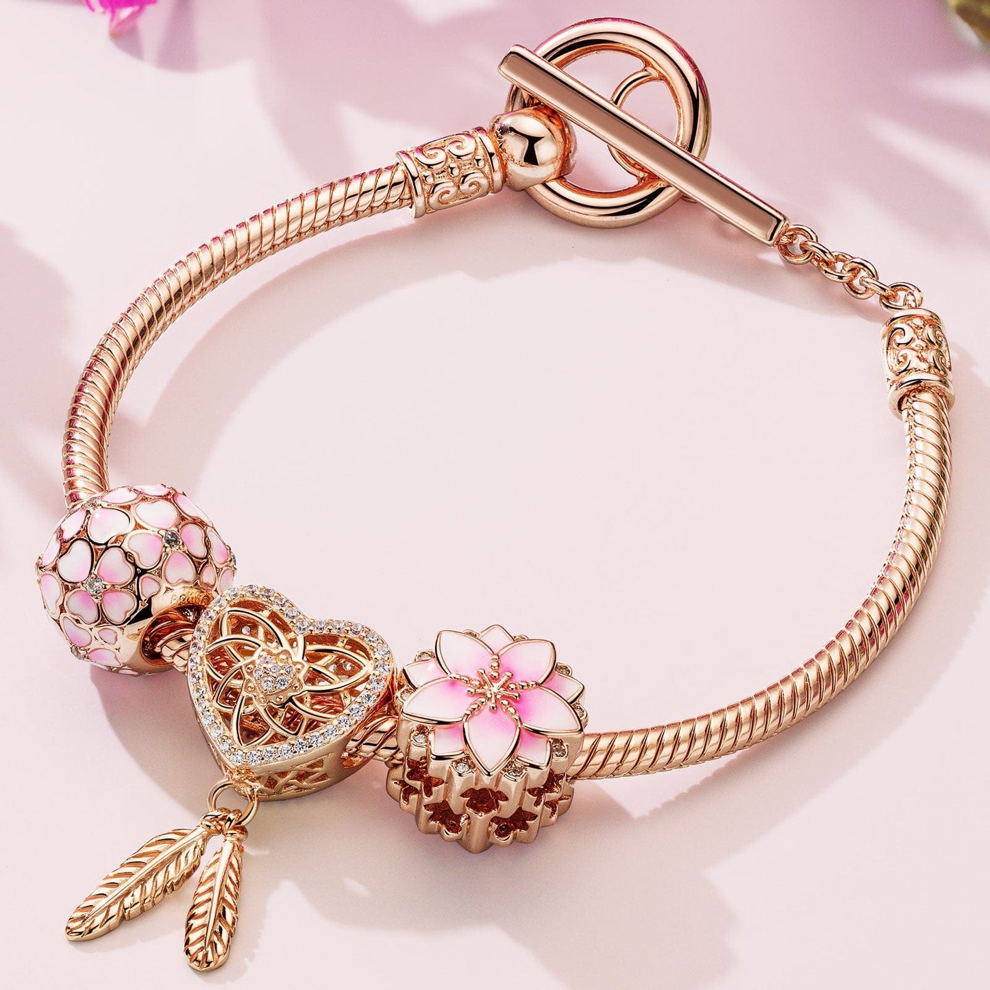 Pink Lovers Tarnish-resistant Silver Charms Bracelet Set With Enamel In Rose Gold Plated