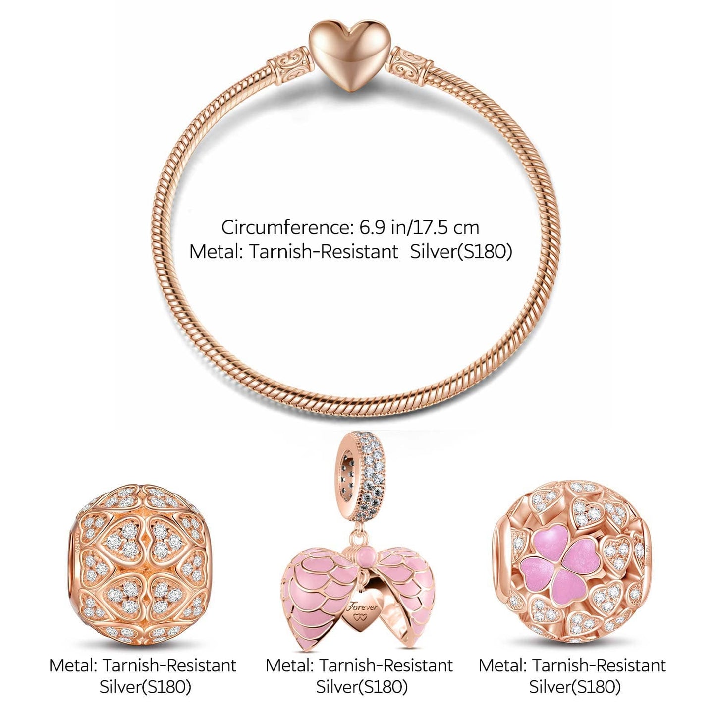 Lucky Love Tarnish-resistant Silver Charms Bracelet Set With Enamel In Rose Gold Plated