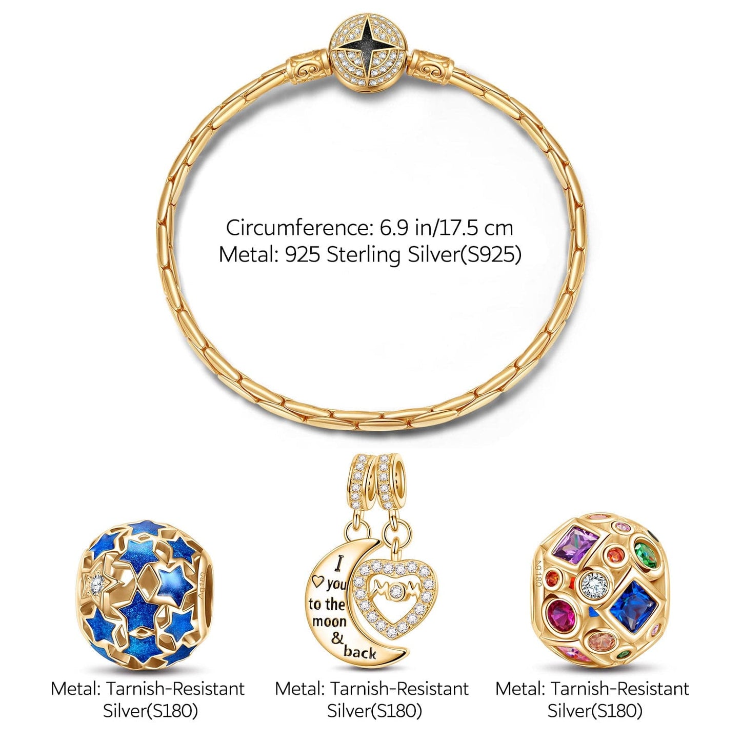 Sterling Silver Moon And Star Charms Bracelet Set With Enamel In 14K Gold Plated