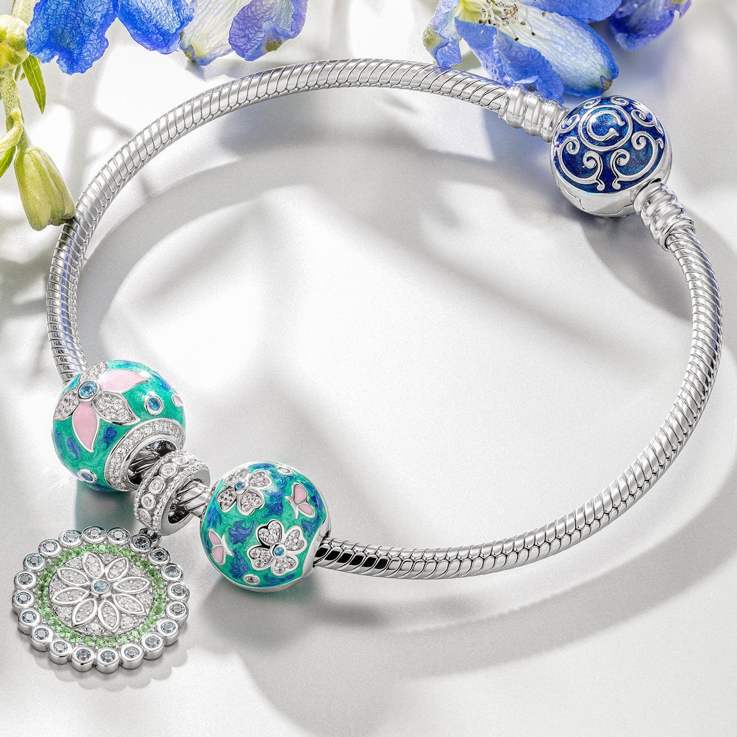 Sterling Silver Mystic Meadows Charms Bracelet Set With Enamel In White Gold Plated