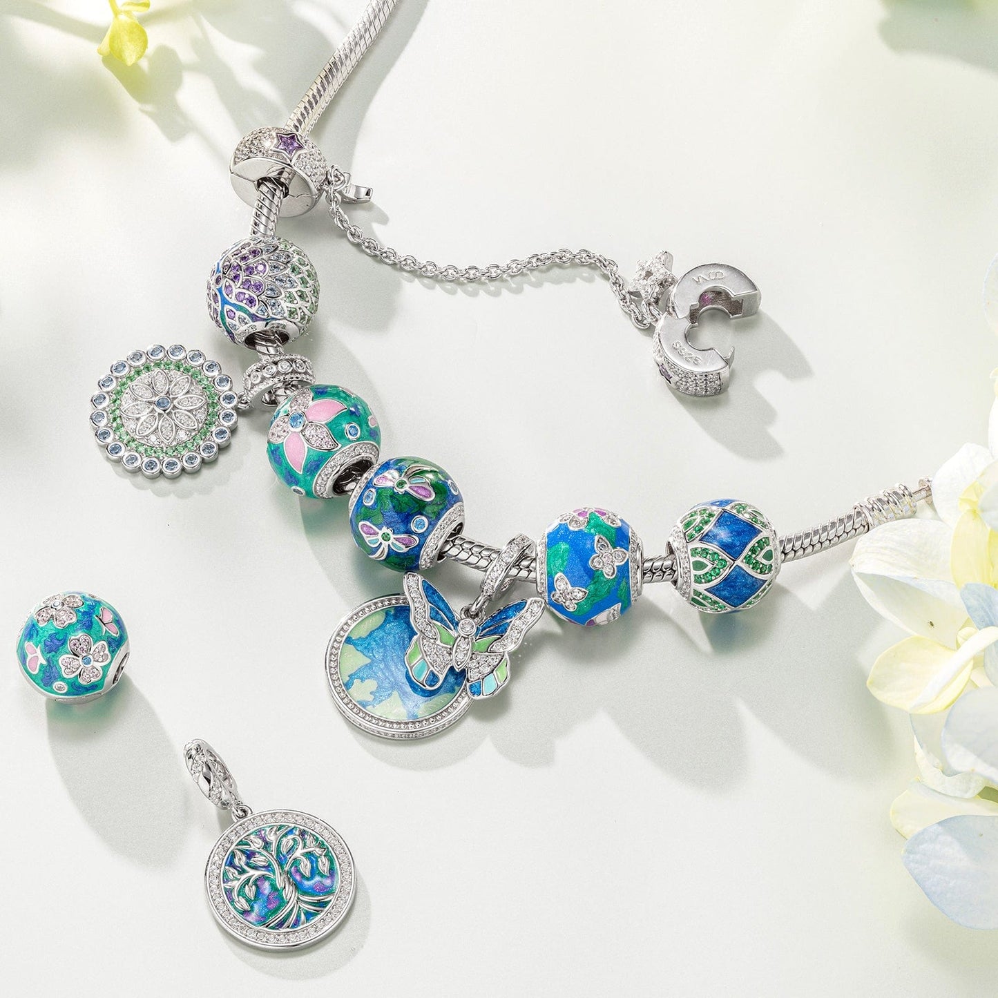 Sterling Silver Emerald Flutter Charms Bracelet Set With Enamel In White Gold Plated