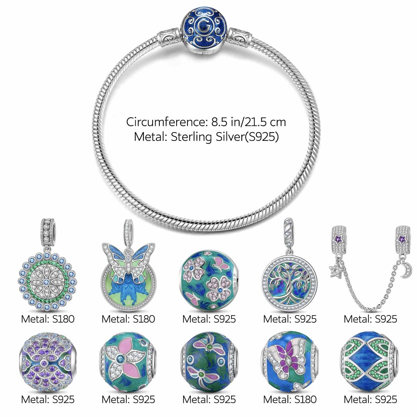 Sterling Silver Emerald Flutter Charms Bracelet Set With Enamel In White Gold Plated