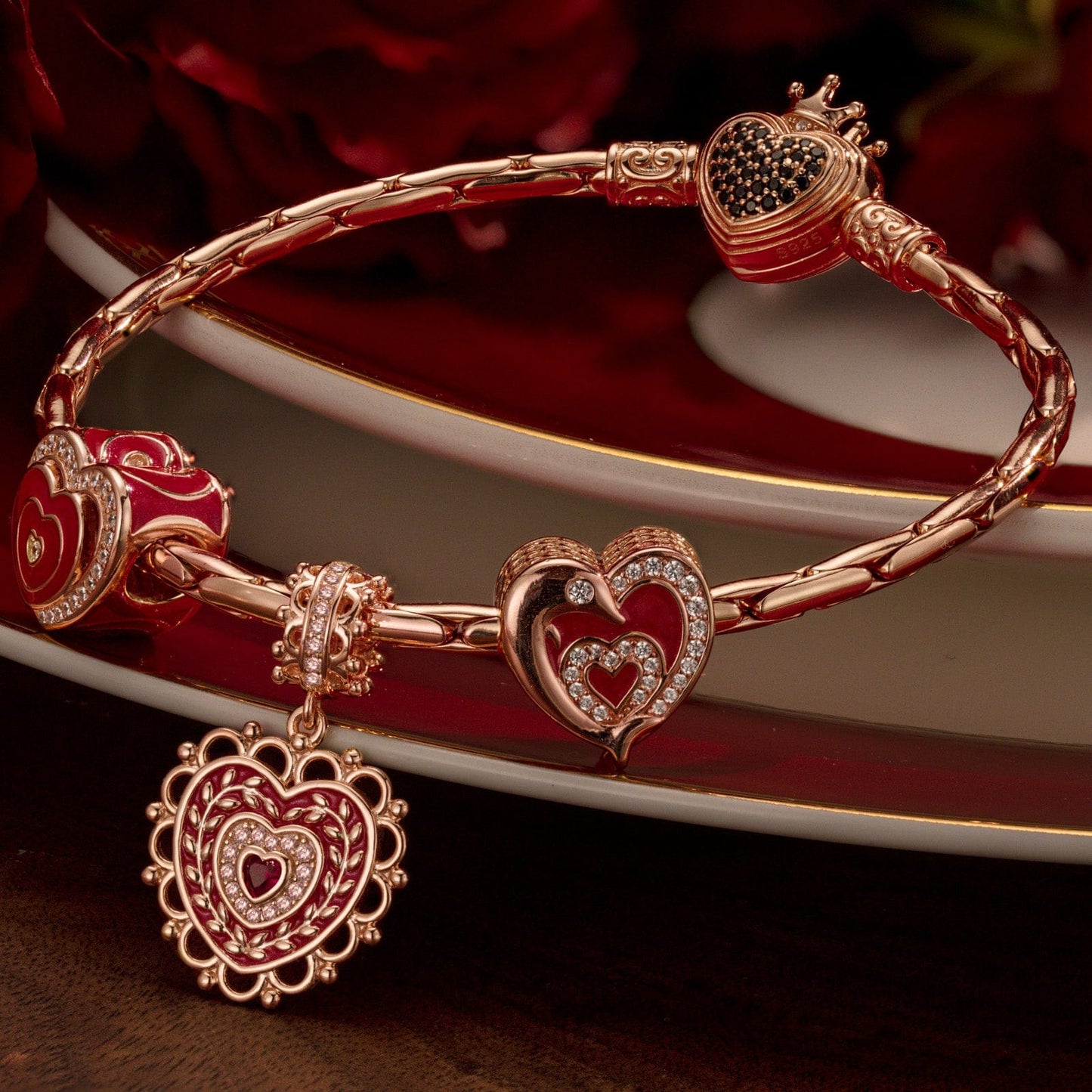 Sterling Silver Loving Embrace Charms Bracelet Set With Enamel In Rose Gold Plated