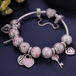 Sterling Silver Romantic Rose Clover Charms Bracelet Set In White Gold Plated