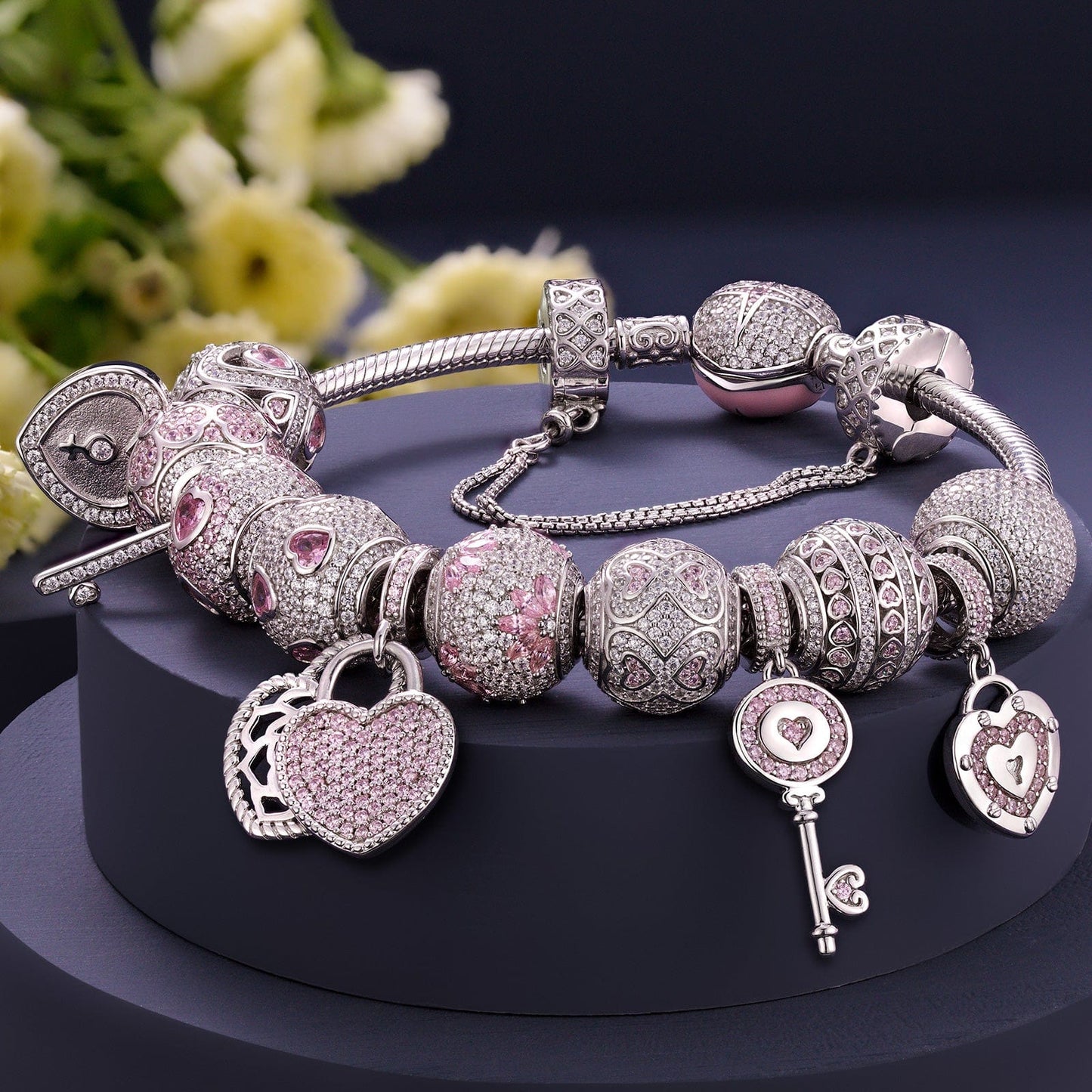 Sterling Silver Romantic Rose Clover Charms Bracelet Set In White Gold Plated