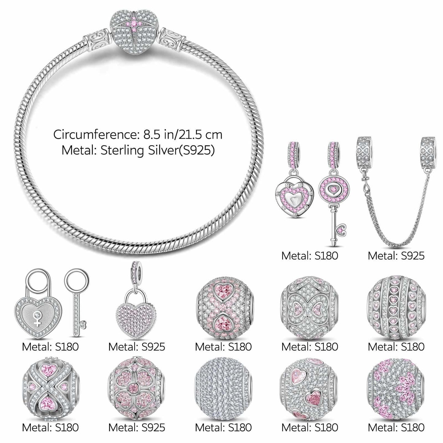 Sterling Silver Romantic Rose Clover Charms Bracelet Set In White Gold Plated