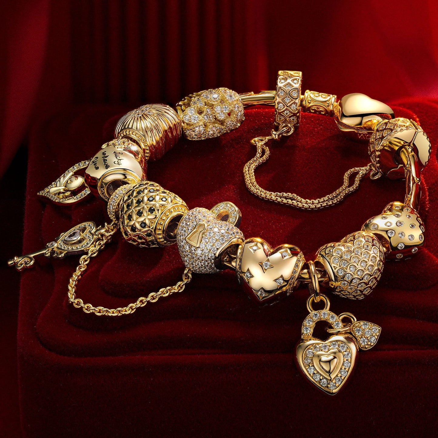 Sterling Silver Golden Heart Charms Bracelet Set In 14K Gold Plated