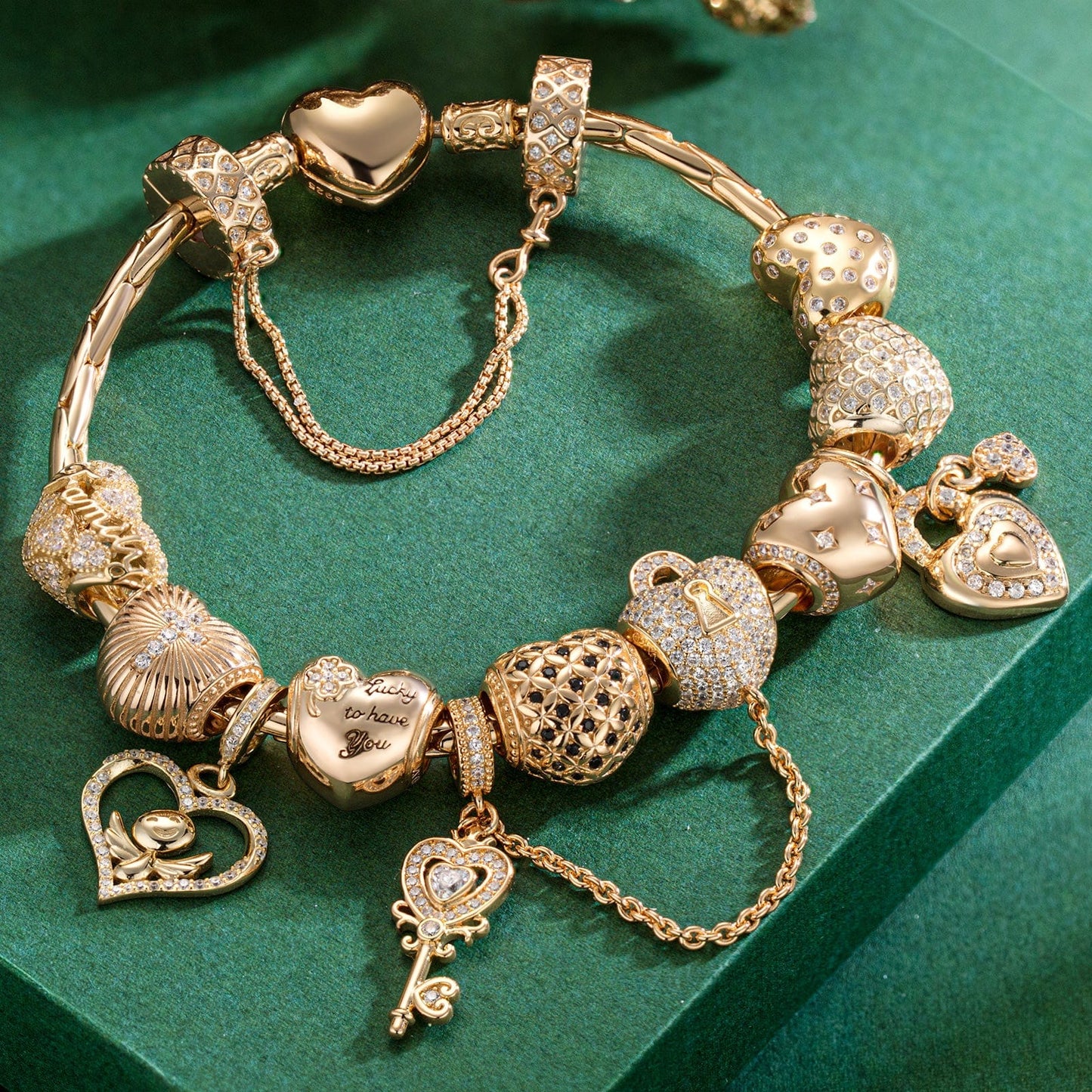 Sterling Silver Golden Heart Charms Bracelet Set In 14K Gold Plated