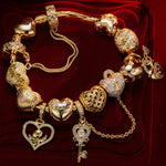 Sterling Silver Golden Heart Charms Bracelet Set In 14K Gold Plated