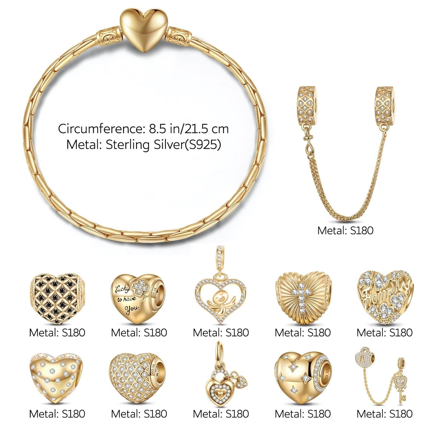 Sterling Silver Golden Heart Charms Bracelet Set In 14K Gold Plated