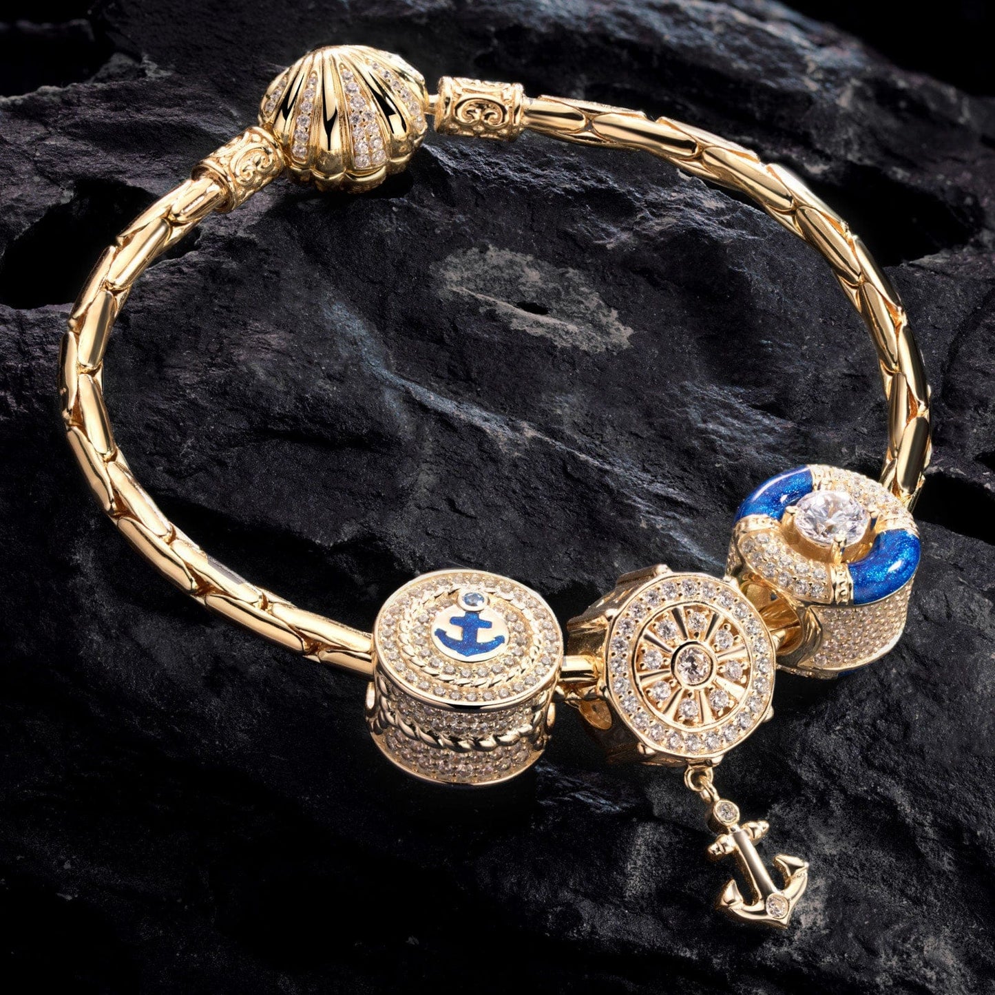 Sterling Silver The captain And His Sailors Charms Bracelet Set With Enamel In 14K Gold Plated