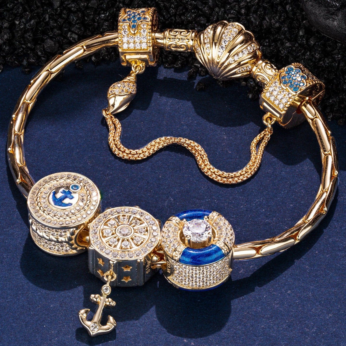 Sterling Silver The captain And His Sailors Charms Bracelet Set With Enamel In 14K Gold Plated