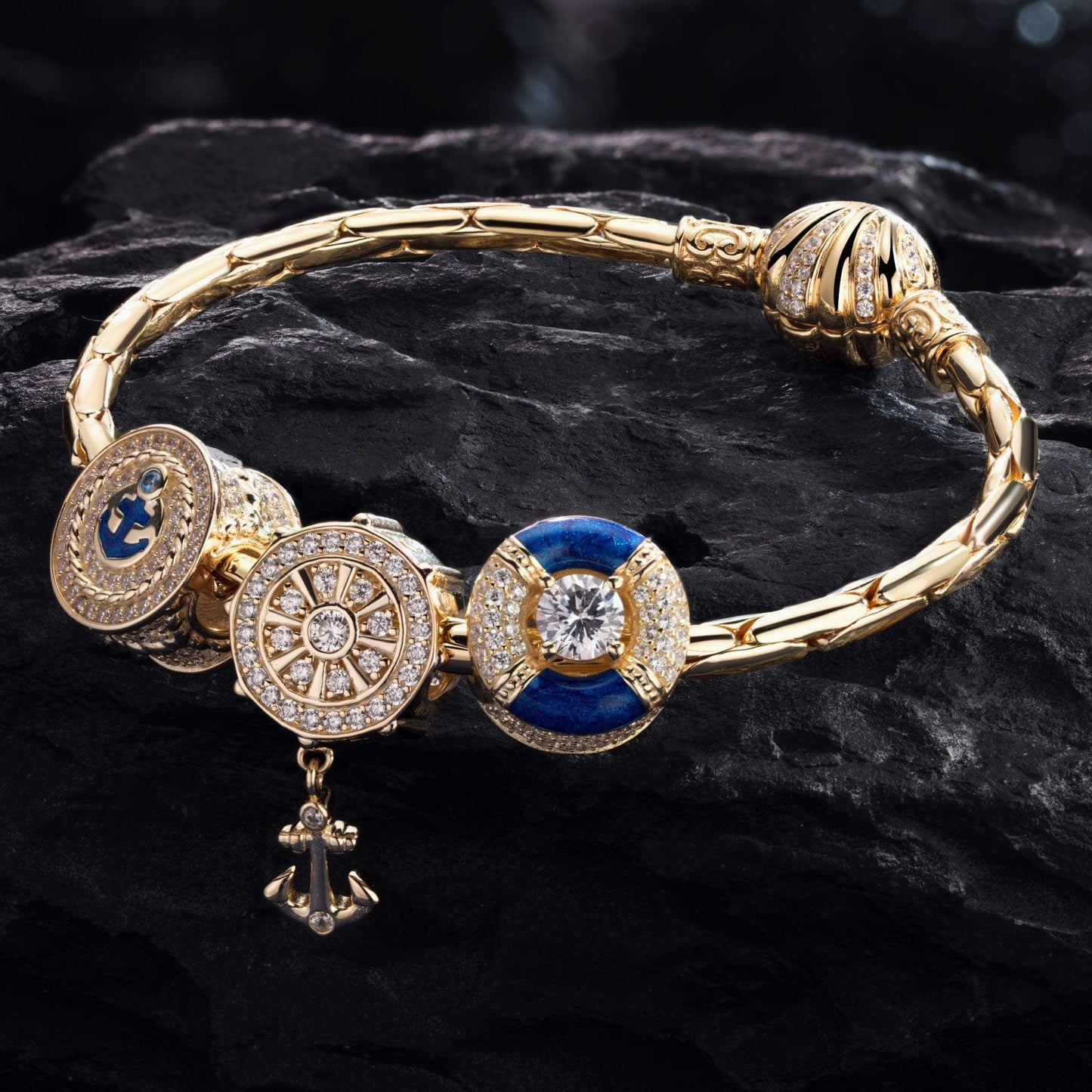 Sterling Silver The captain And His Sailors Charms Bracelet Set With Enamel In 14K Gold Plated