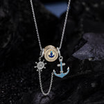 Sterling Silver Anchor And Helm Charms Necklace Set With Enamel, Featuring Dual Plating in White Gold and 14K Gold