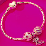 Sterling Silver Pink Mermaid Fish Charms Bracelet Set With Enamel In 14K Gold Plated