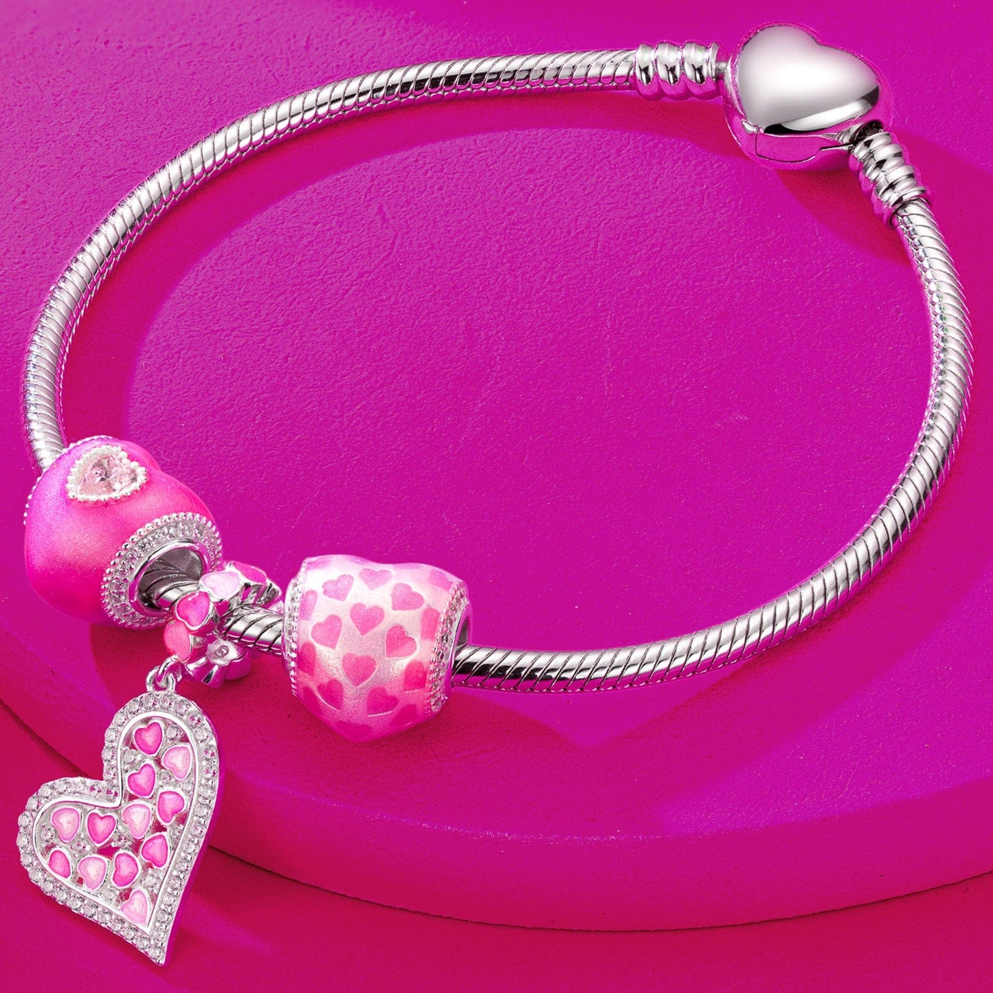 Sterling Silver I Love Barbie Charms Bracelet Set With Enamel In White Gold Plated