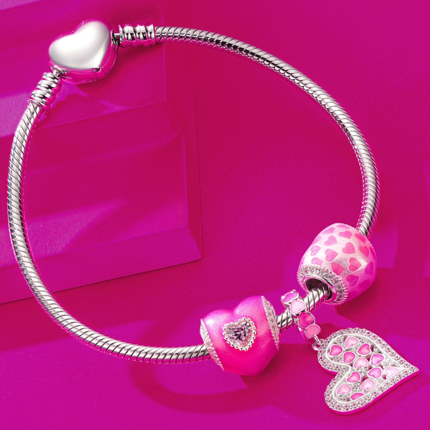 Sterling Silver I Love Barbie Charms Bracelet Set With Enamel In White Gold Plated