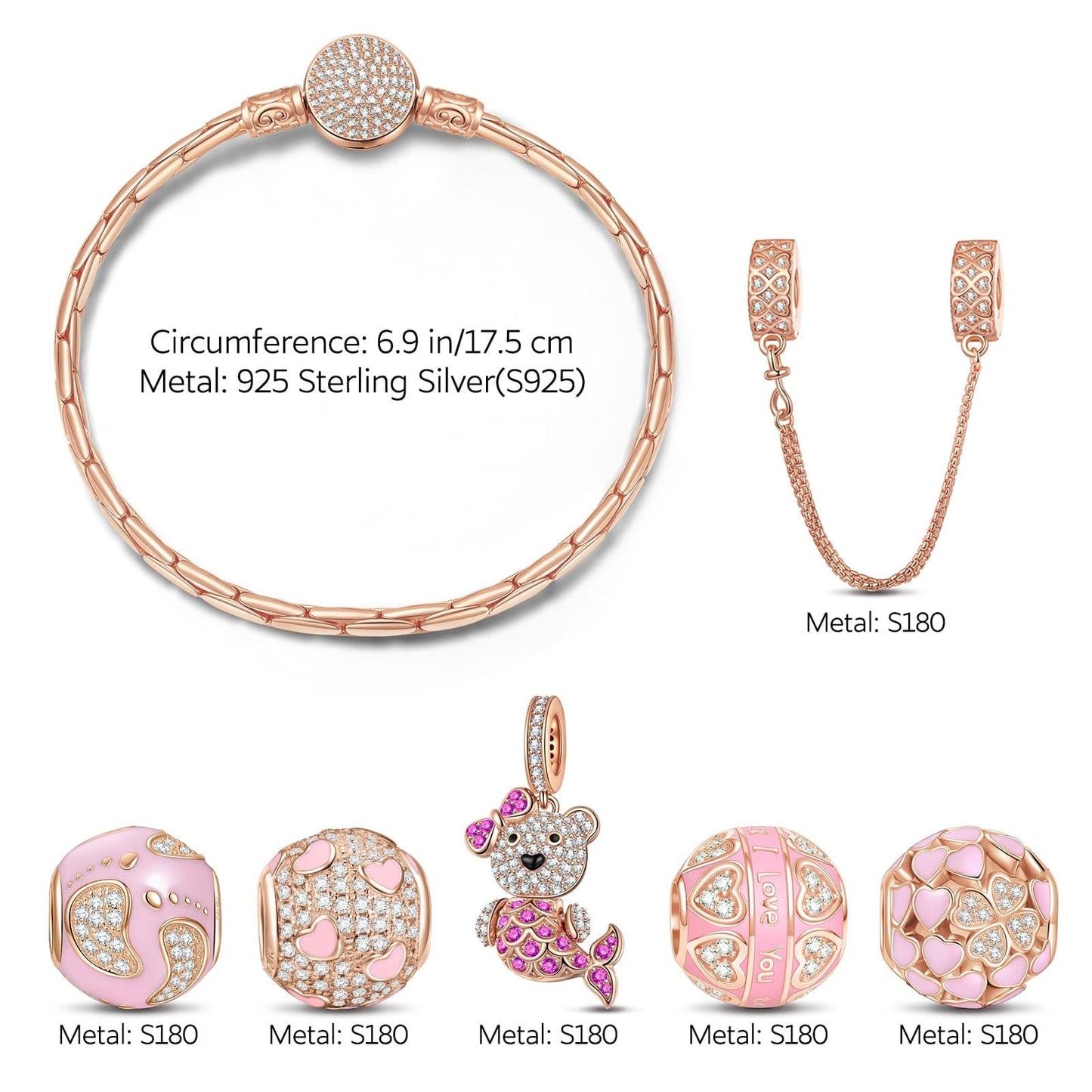 Sterling Silver Fantasy Island Charms Bracelet Set With Enamel In Rose Gold Plated