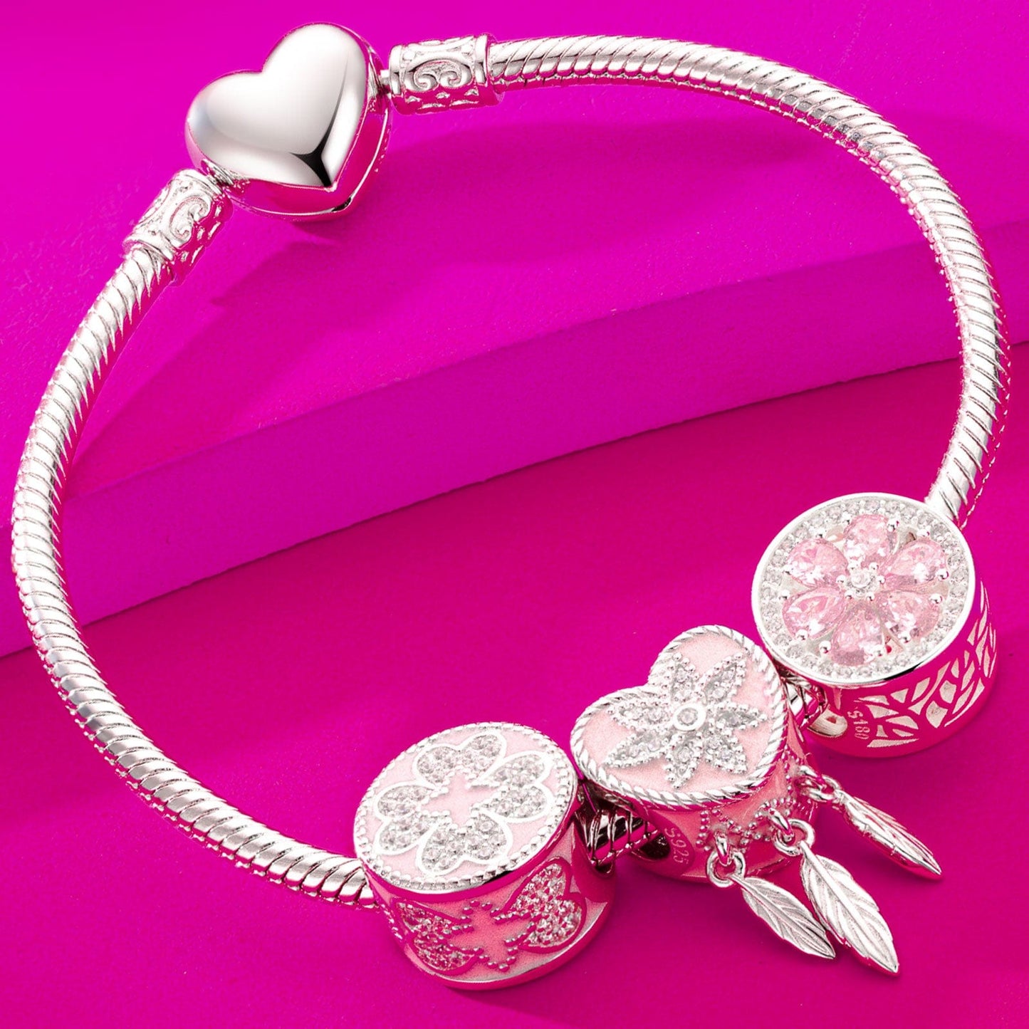 Sterling Silver Girl In Her Prime Charms Bracelet Set With Enamel In White Gold Plated