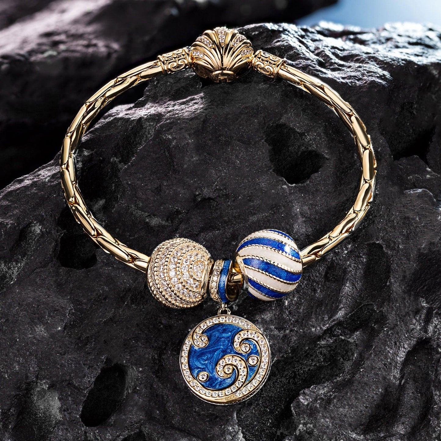 [?As @anlena_ea's Pick] Sterling Silver Blue Ocean Waves Charms Bracelet Set With Enamel In 14K Gold Plated