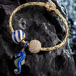 Sterling Silver Seahorse By Wave Charms Bracelet Set With Enamel In 14K Gold Plated