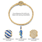 Sterling Silver Seahorse By Wave Charms Bracelet Set With Enamel In 14K Gold Plated