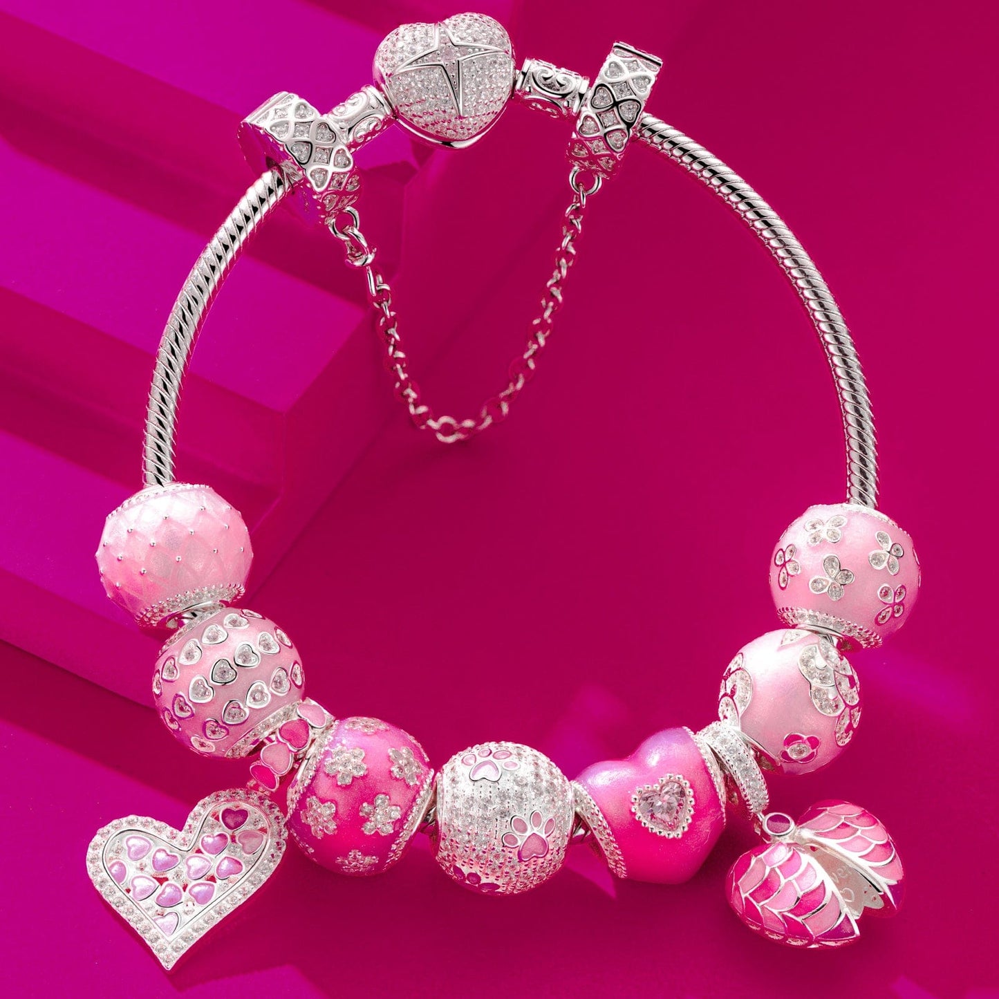 Sterling Silver Barbie Island Charms Bracelet Set With Enamel In White Gold Plated