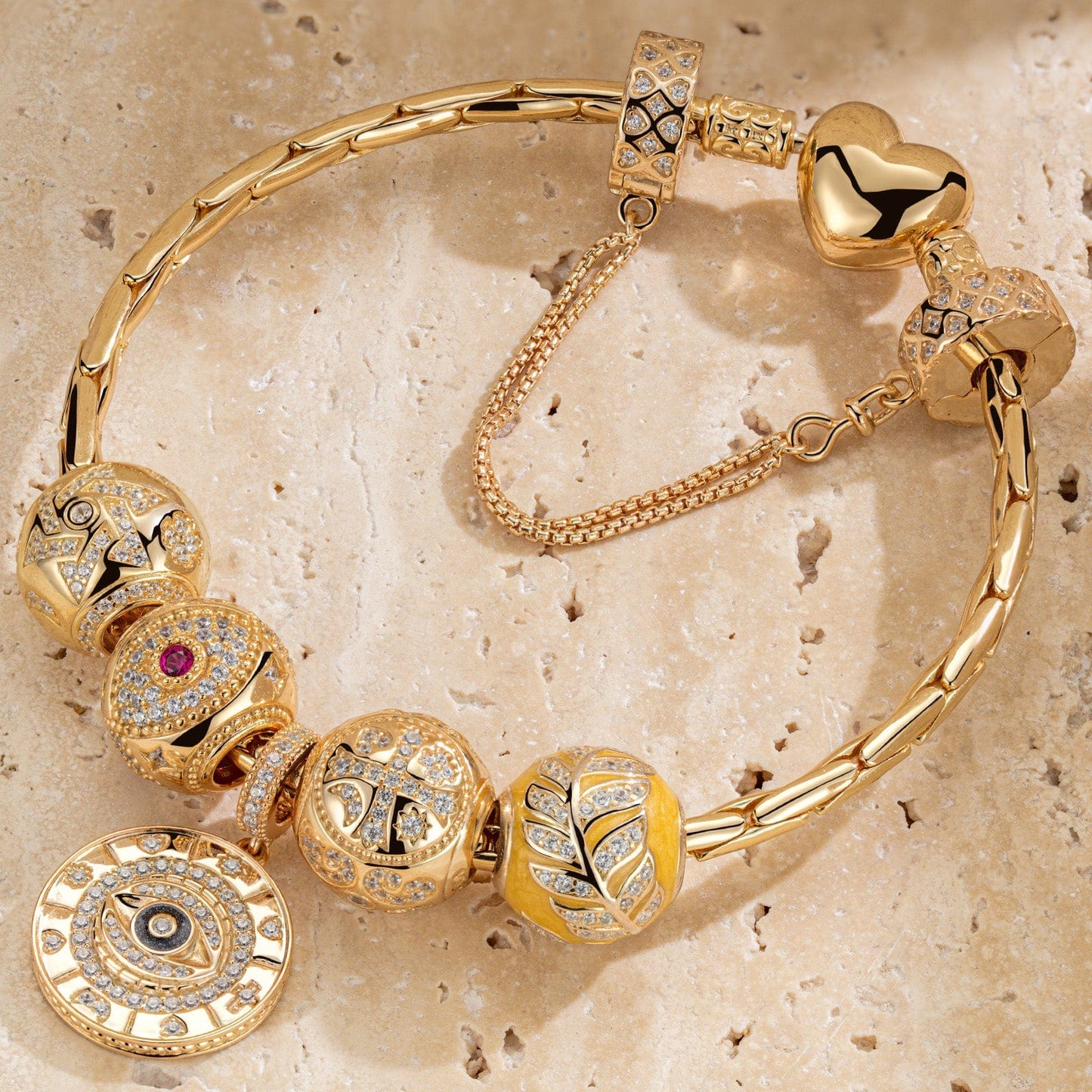 Sterling Silver Harvest Charms Bracelet Set With Enamel In 14K Gold Plated