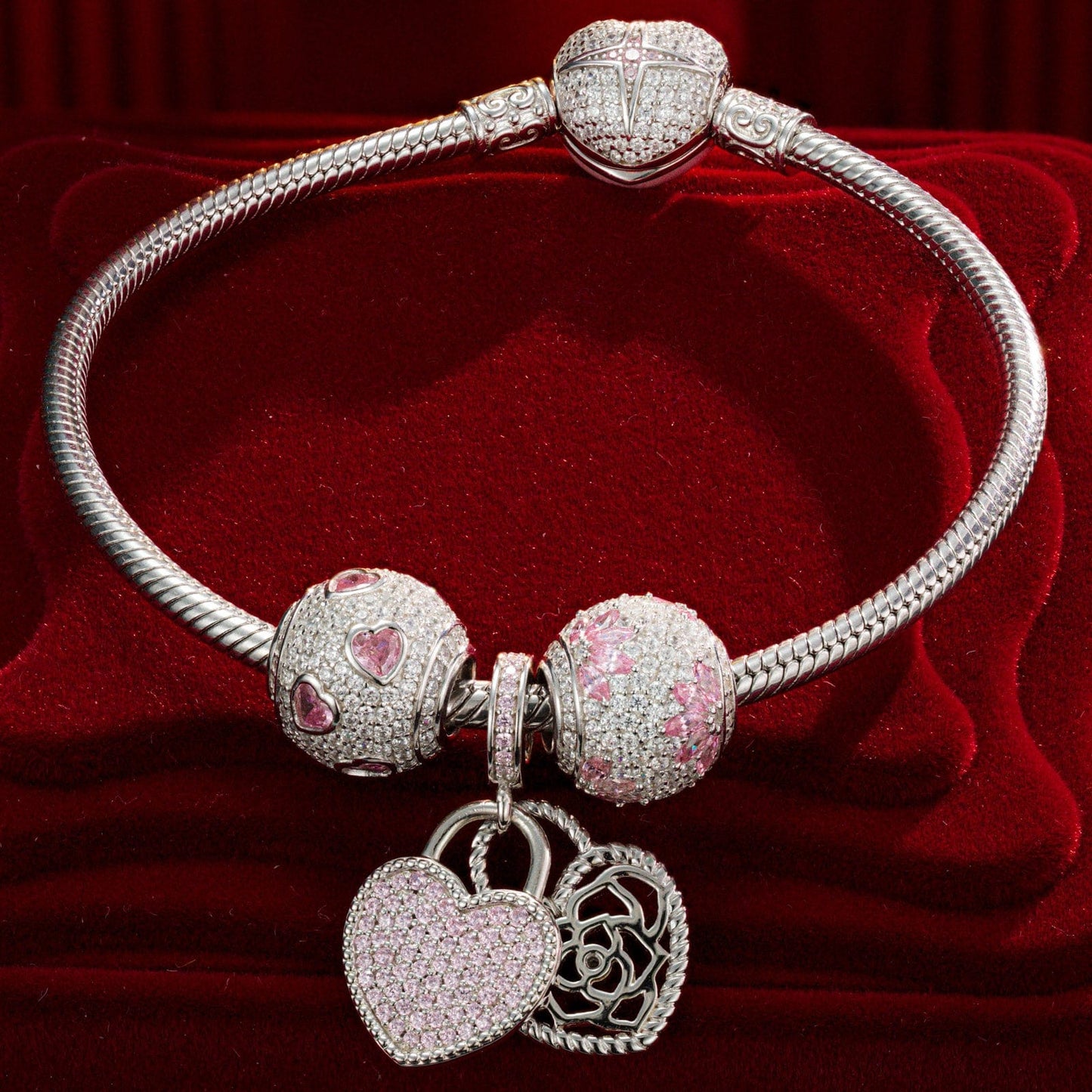 Sterling Silver Secretly Love Charms Bracelet Set With Enamel In White Gold Plated