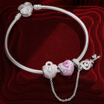 Sterling Silver Romantic Love Charms Bracelet Set With Enamel In White Gold Plated