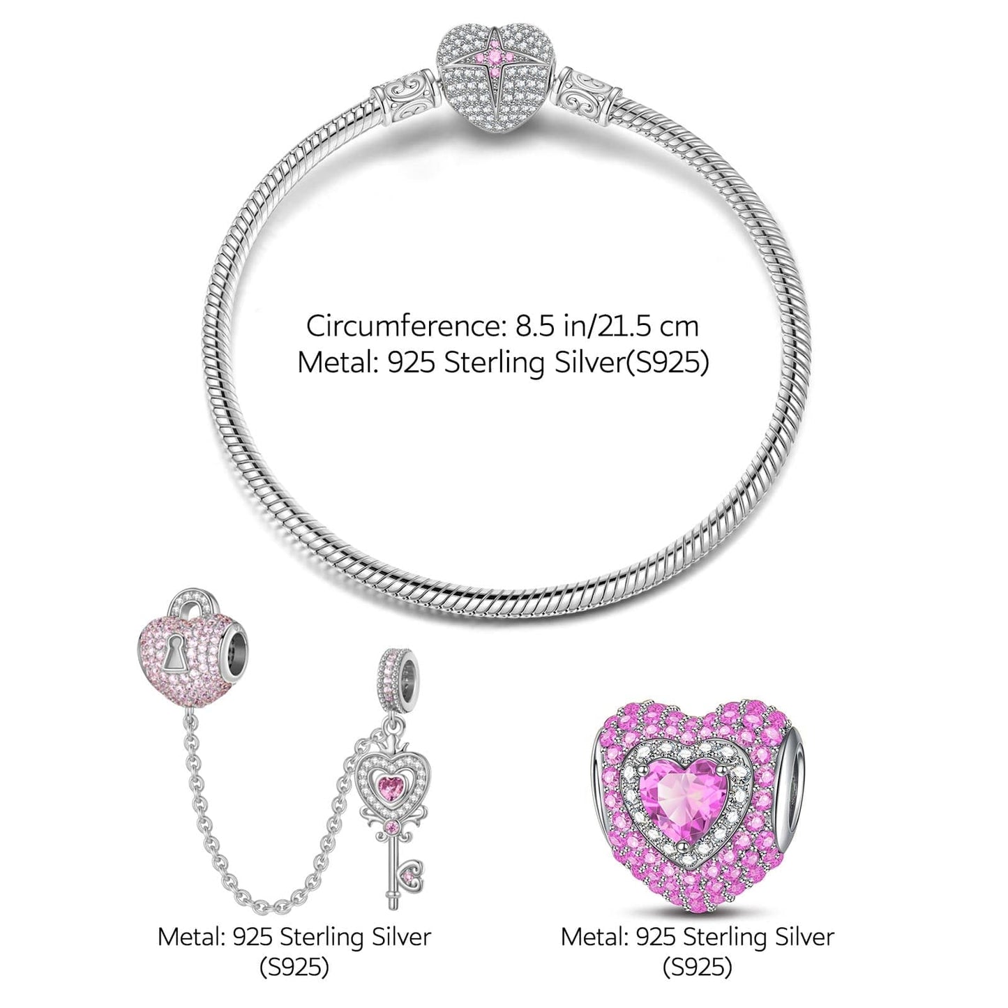 Sterling Silver Romantic Love Charms Bracelet Set With Enamel In White Gold Plated