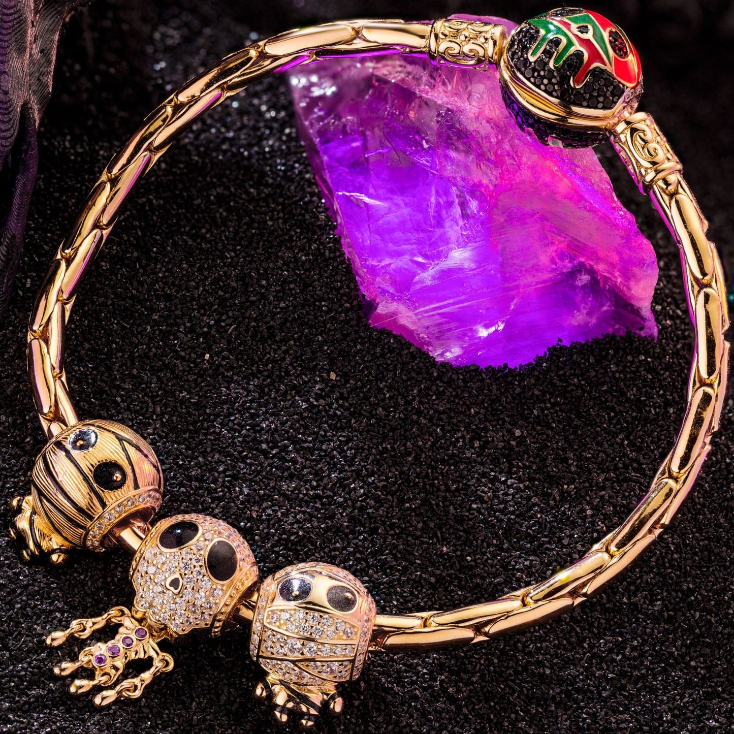 Sterling Silver Mummy and Skeleton Man Charms Bracelet Set With Enamel In 14K Gold Plated