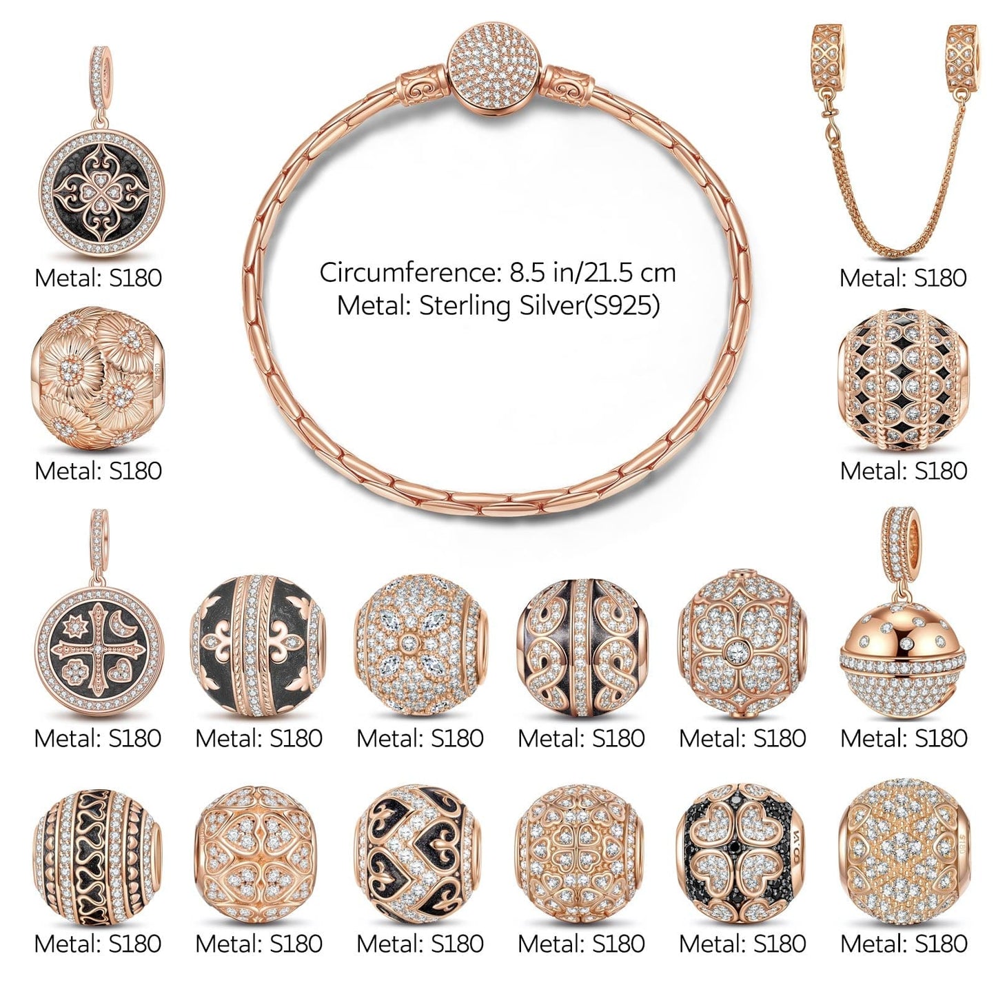 Sterling Silver My Lord, My Glory Bamboo Chain Charms Bracelet Set With Enamel In Rose Gold Plated