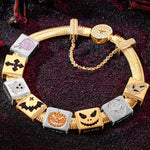 Sterling Silver Halloween Pumpkin Rectangular Charms Bracelet Set With Enamel In 14K Gold Plated