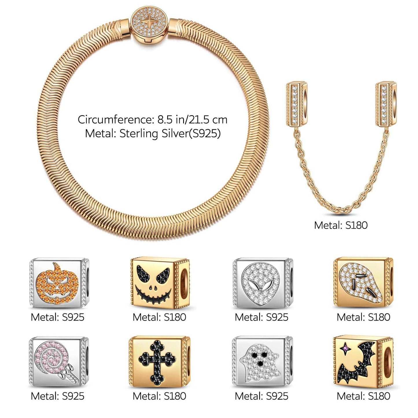 Sterling Silver Halloween Pumpkin Rectangular Charms Bracelet Set With Enamel In 14K Gold Plated