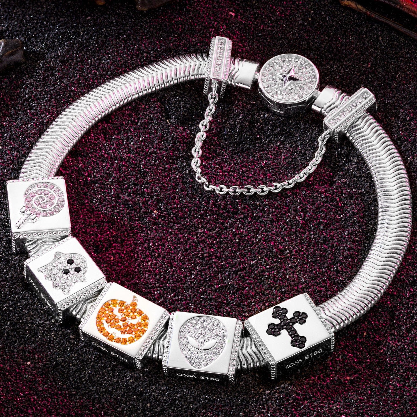 Sterling Silver Halloween Trick Rectangular Charms Bracelet Set With Enamel In White Gold Plated